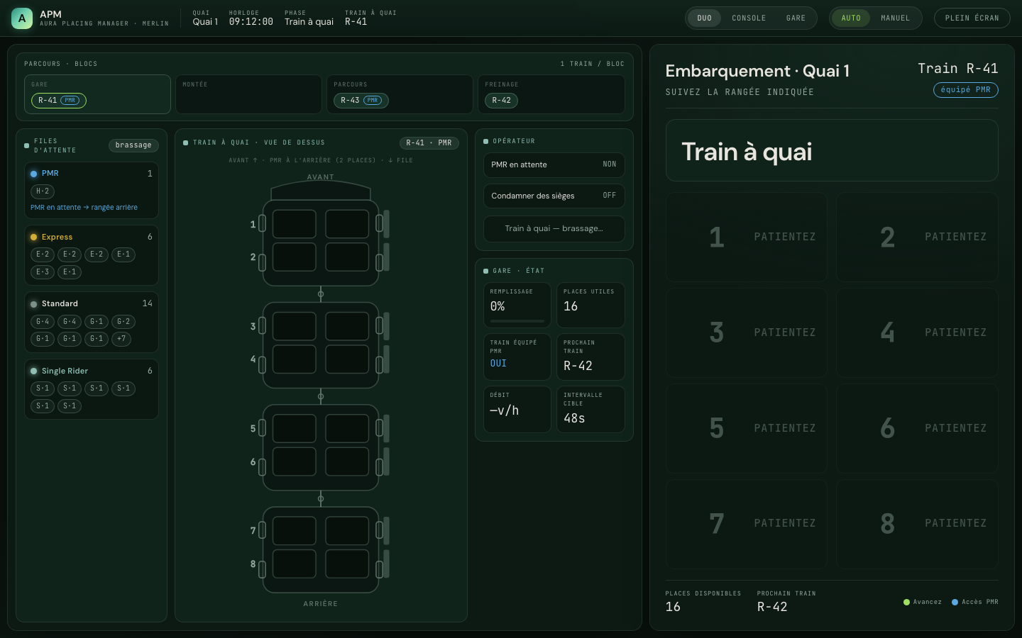 Capture — pupitre opérateur APM : files d'attente, plan du train et signage d'embarquement