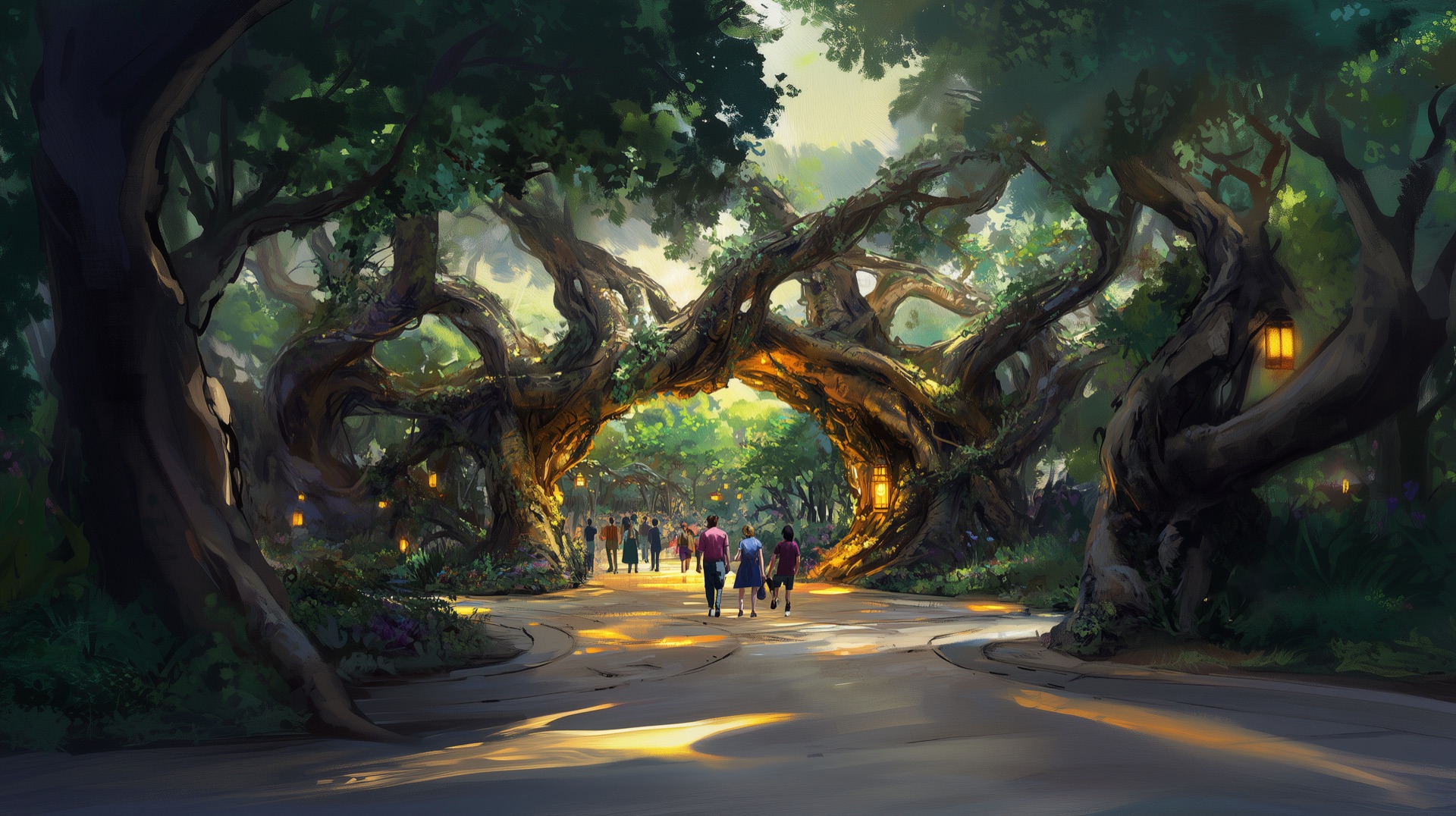 Concept art : entrée de parc en forêt magique : arche d'arbres entrelacés franchie sans s'arrêter, chemin de lumière chaude