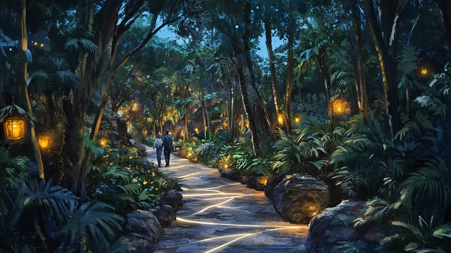 Concept art : un chemin d'un mètre serpentant dans la forêt dense à la tombée du jour, veines de lumière au sol, lanternes dans les branches