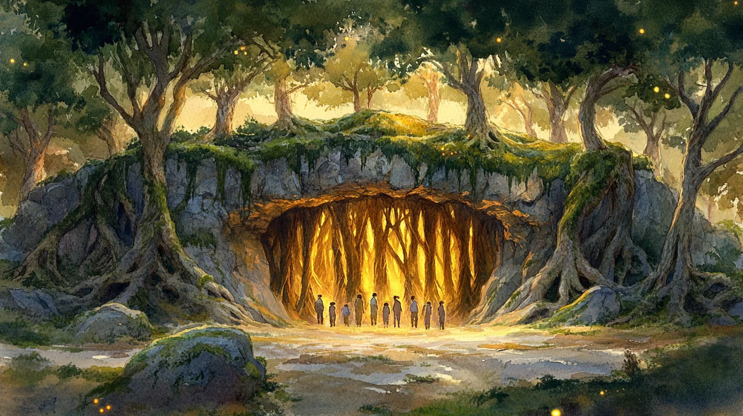 Concept art : la grotte aux racines vue de face, rétroéclairée d'or, visiteurs entrant sous la butte plantée d'arbres