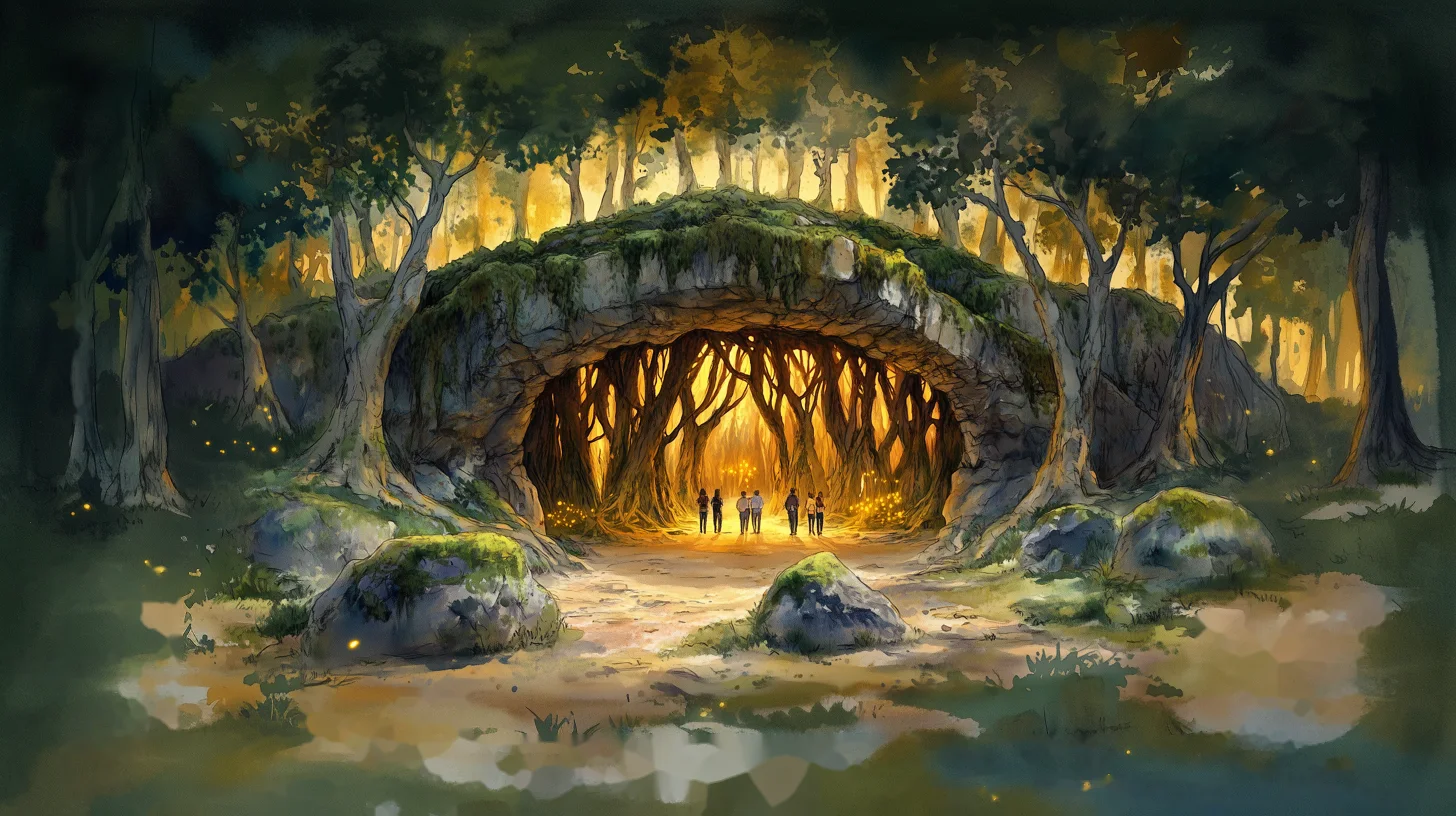 Concept art : grotte basse et large sous une butte d'arbres, forêt de racines massives rétroéclairée d'or, passages étroits pour les visiteurs