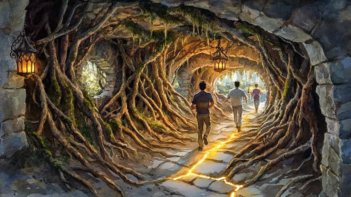 Concept art : un passage d'un mètre entre des racines massives, la veine de lumière dorée au sol