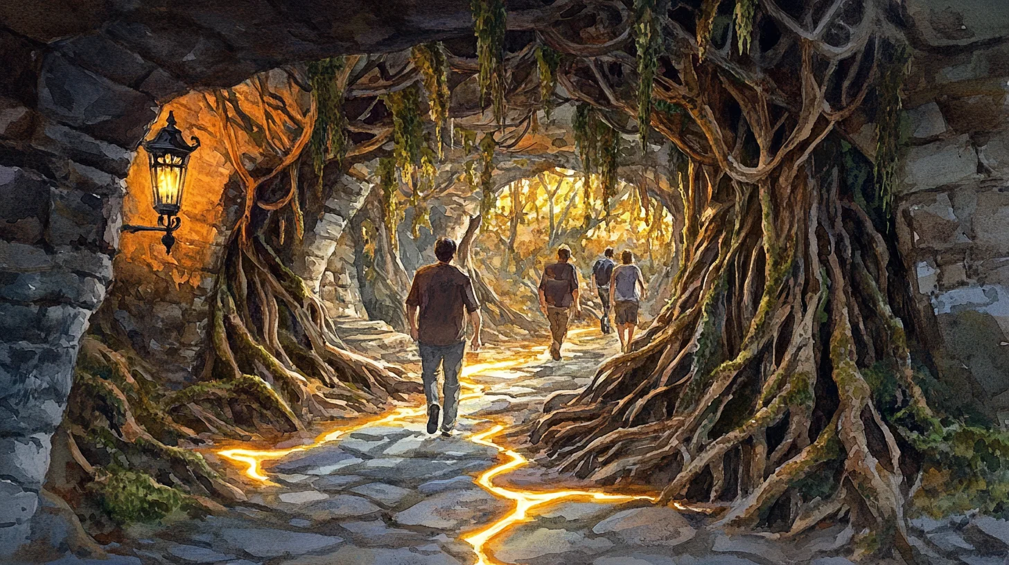 Concept art : la traversée de la forêt de racines vers la lumière du parc, visiteurs en file simple