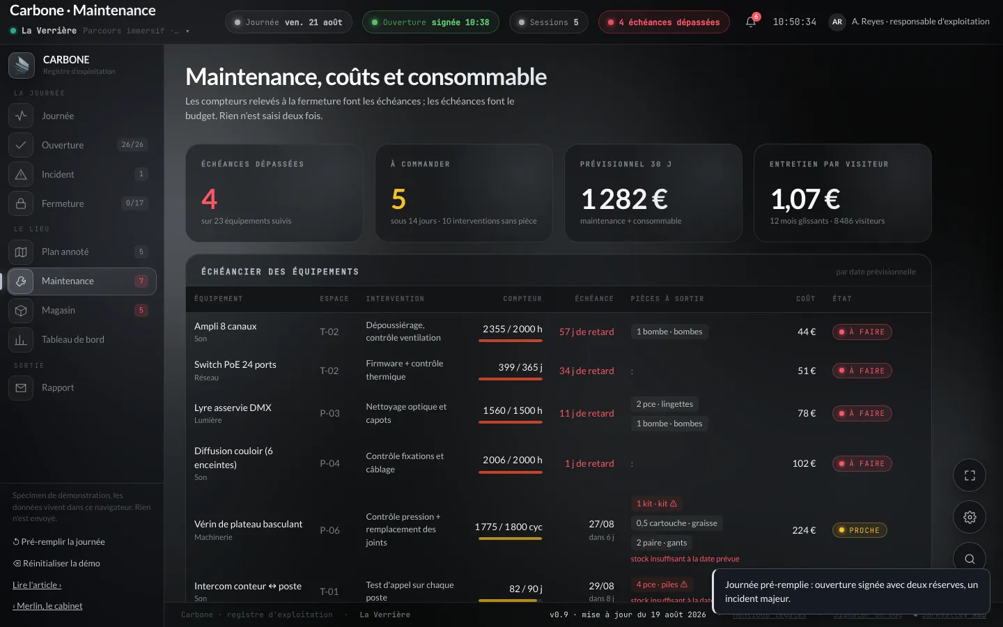 Capture : échéancier des équipements : compteurs, dates prévisionnelles, pièces à sortir, et l'alerte « stock insuffisant à la date prévue »
