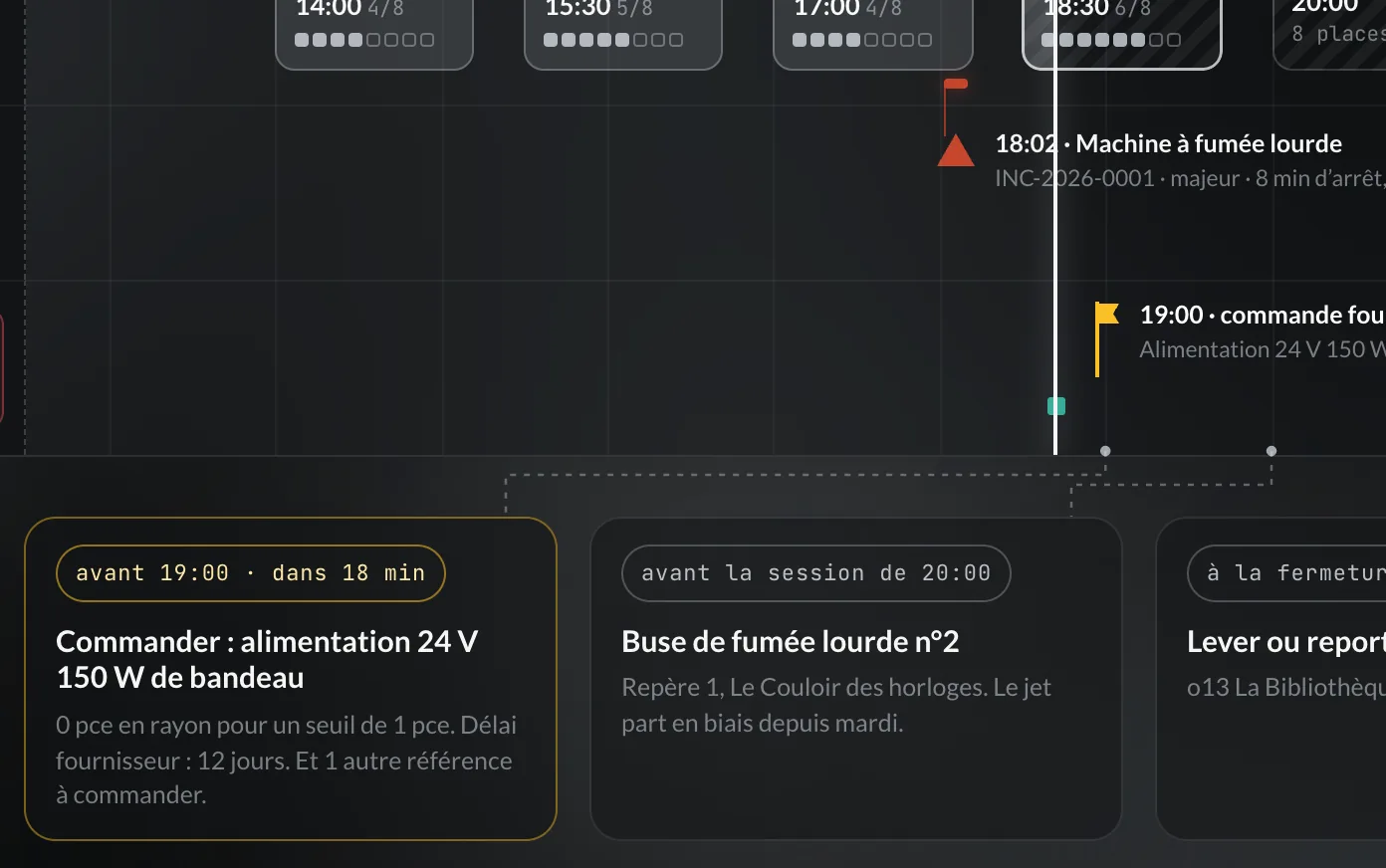 Capture : sous la frise de la journée, trois cartes à faire reliées à leur heure : une commande avant 19:00, une buse à contrôler avant la session de 20:00, deux réserves à lever à la fermeture