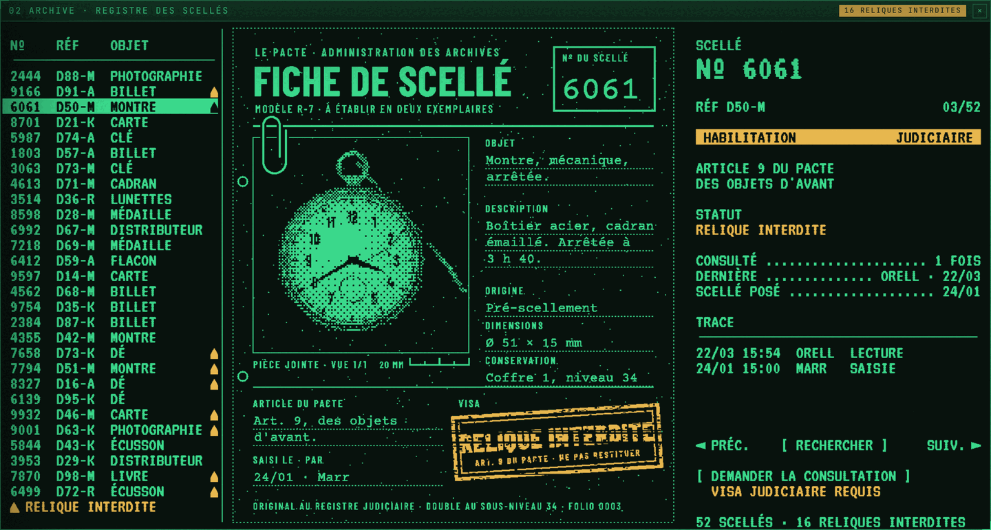 La fenêtre ARCHIVE : à gauche la liste des scellés, les reliques interdites marquées d'un triangle ambre ; au centre la fiche du Pacte du scellé 6061, une montre de gousset tramée, ses champs tapés à la machine et le tampon RELIQUE INTERDITE ; à droite le volet du système, l'habilitation judiciaire en ambre et la trace des consultations
