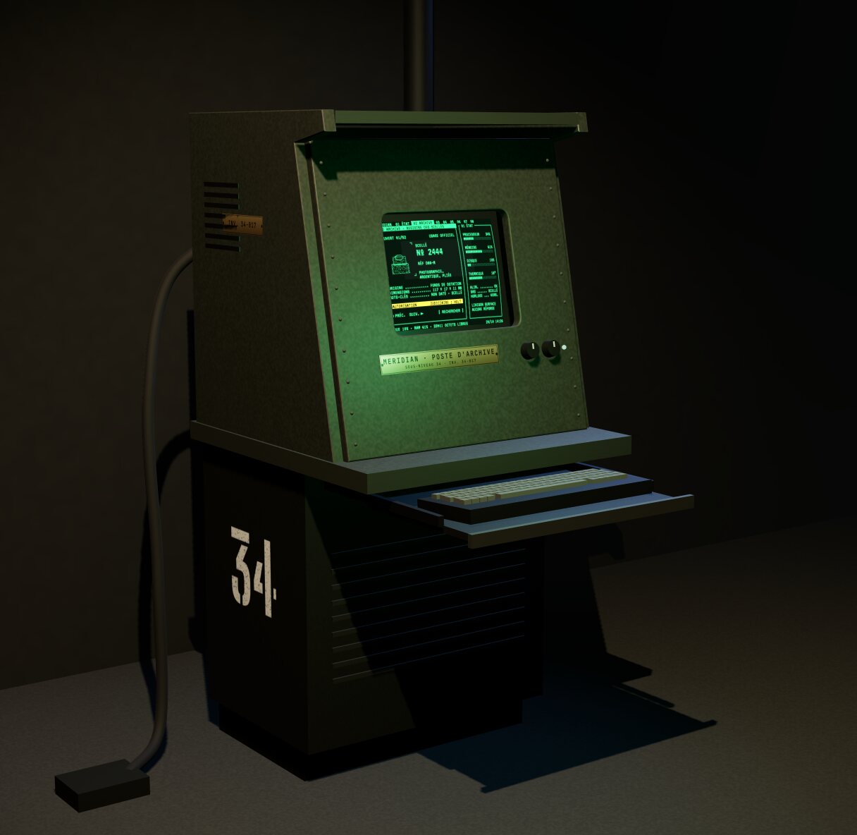 Rendu du poste MERIDIAN : console d'acier vert de gris, tube allumé à hauteur d'yeux, clavier sur tiroir, numéro 34 au pochoir