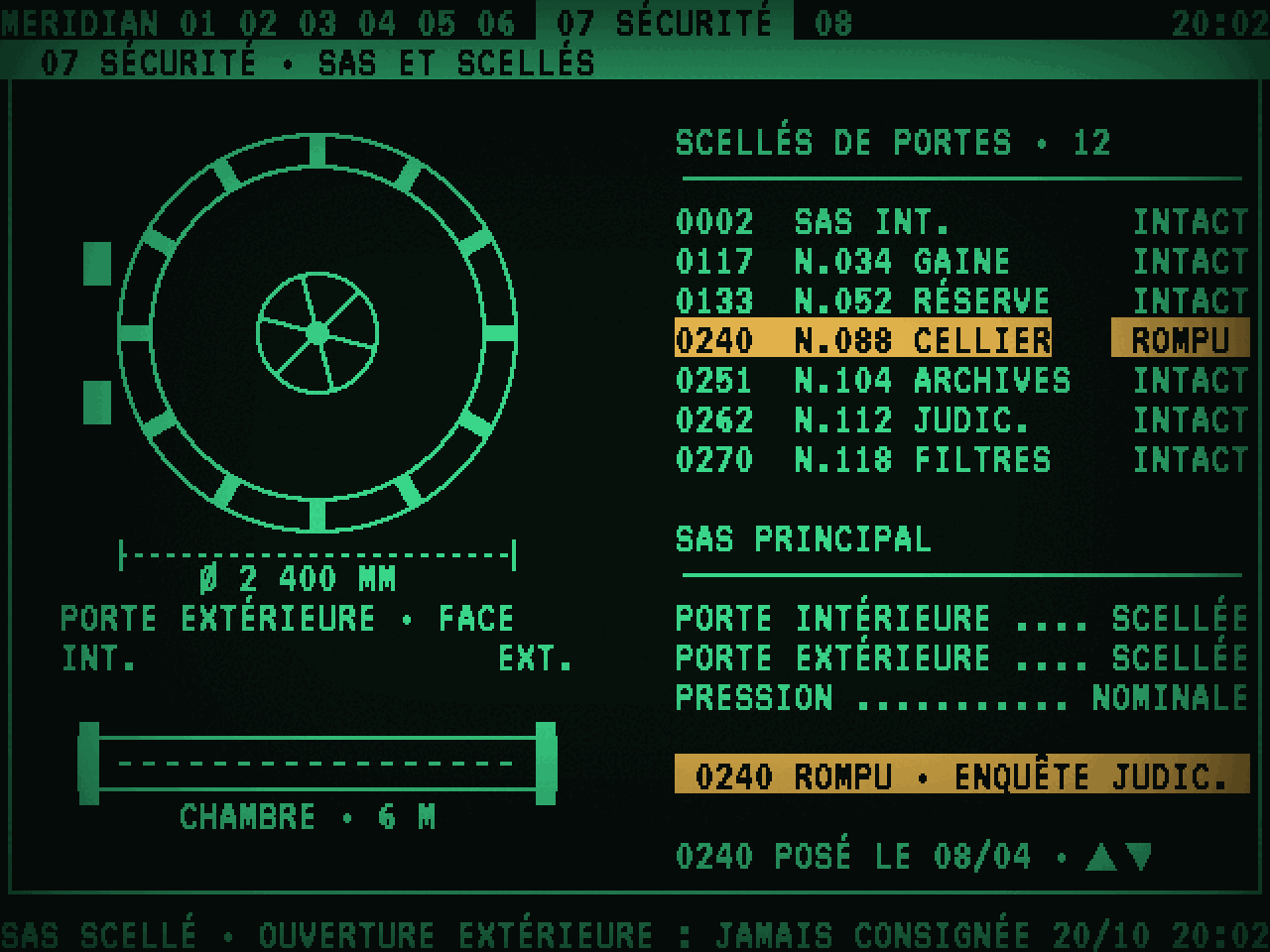 Service 07 SÉCURITÉ : la porte du sas de face, le sas en coupe, et la liste des douze scellés de portes dont un rompu