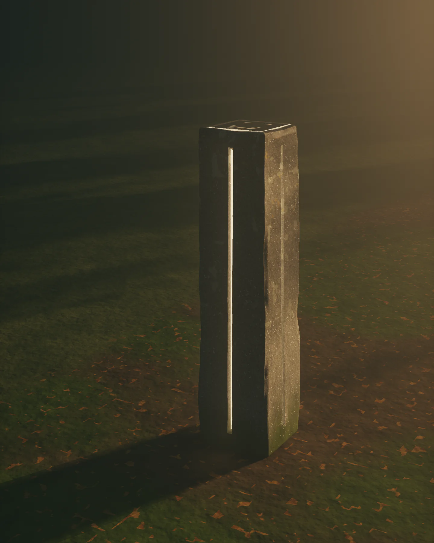 Rendu : la pierre en peau forêt, roche moussue en béton fibré, sur un sol de feuilles. Soleil rasant à travers un feuillage, la veine et le verre en veille, blanc chaud.
