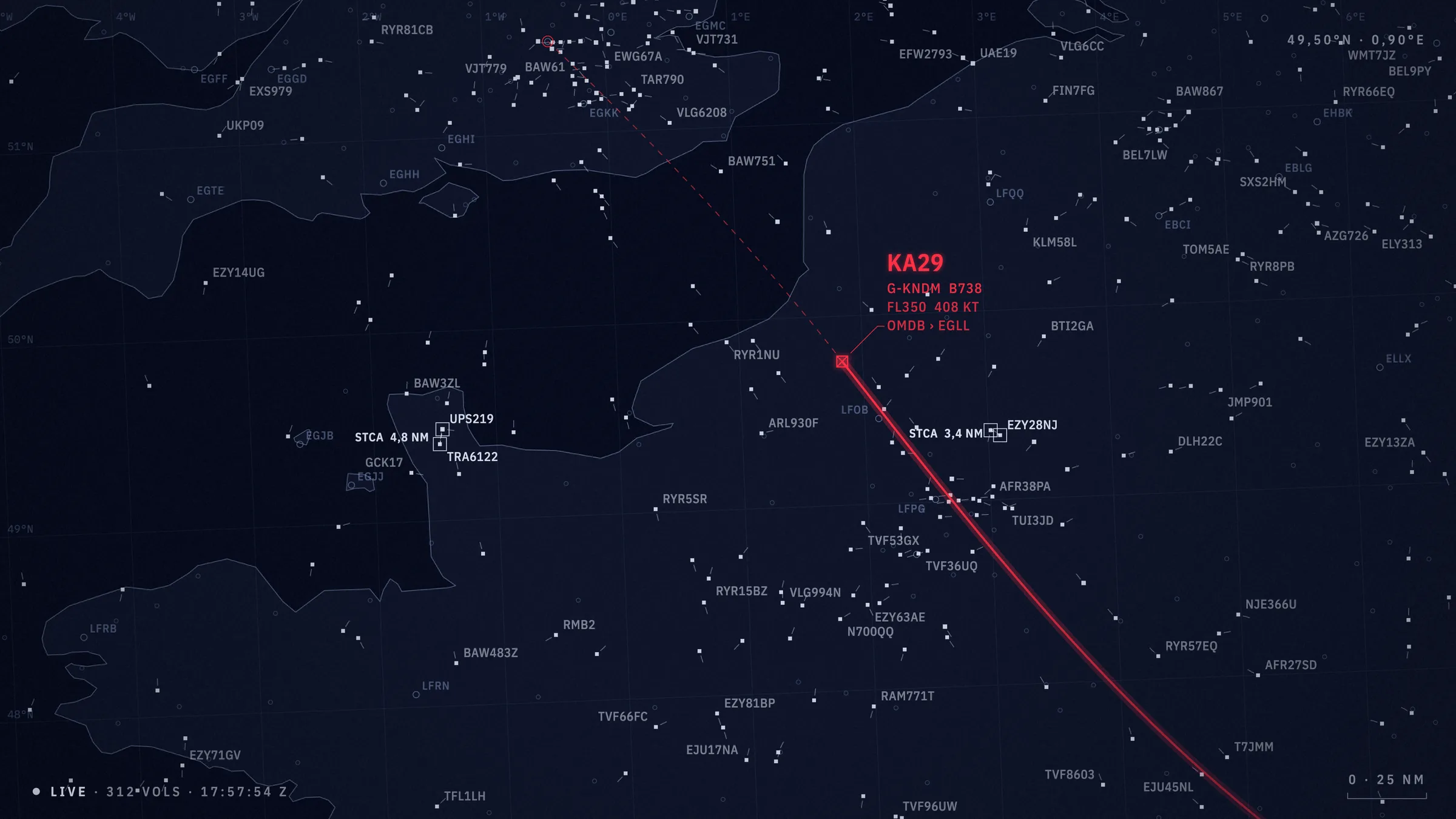 Capture du radar en style HIJACK : la Manche, Londres et Paris, le trafic aérien réel en blanc à voix basse, le vol de fiction KA29 seul en rouge avec sa trace entière
