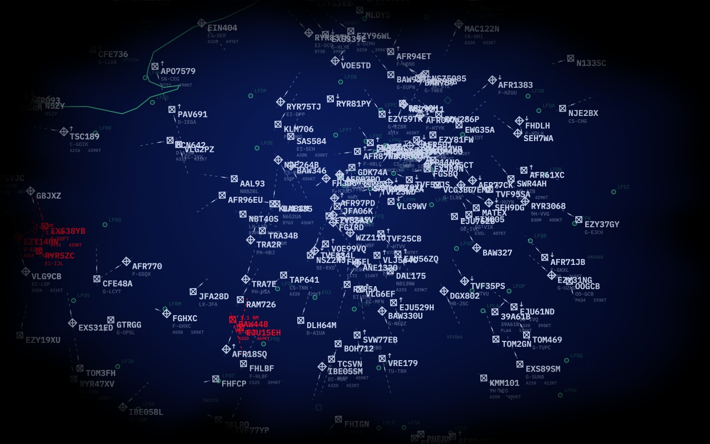 Capture — radar de contrôle aérien stylisé : carte mondiale, trafic live et rendu CRT