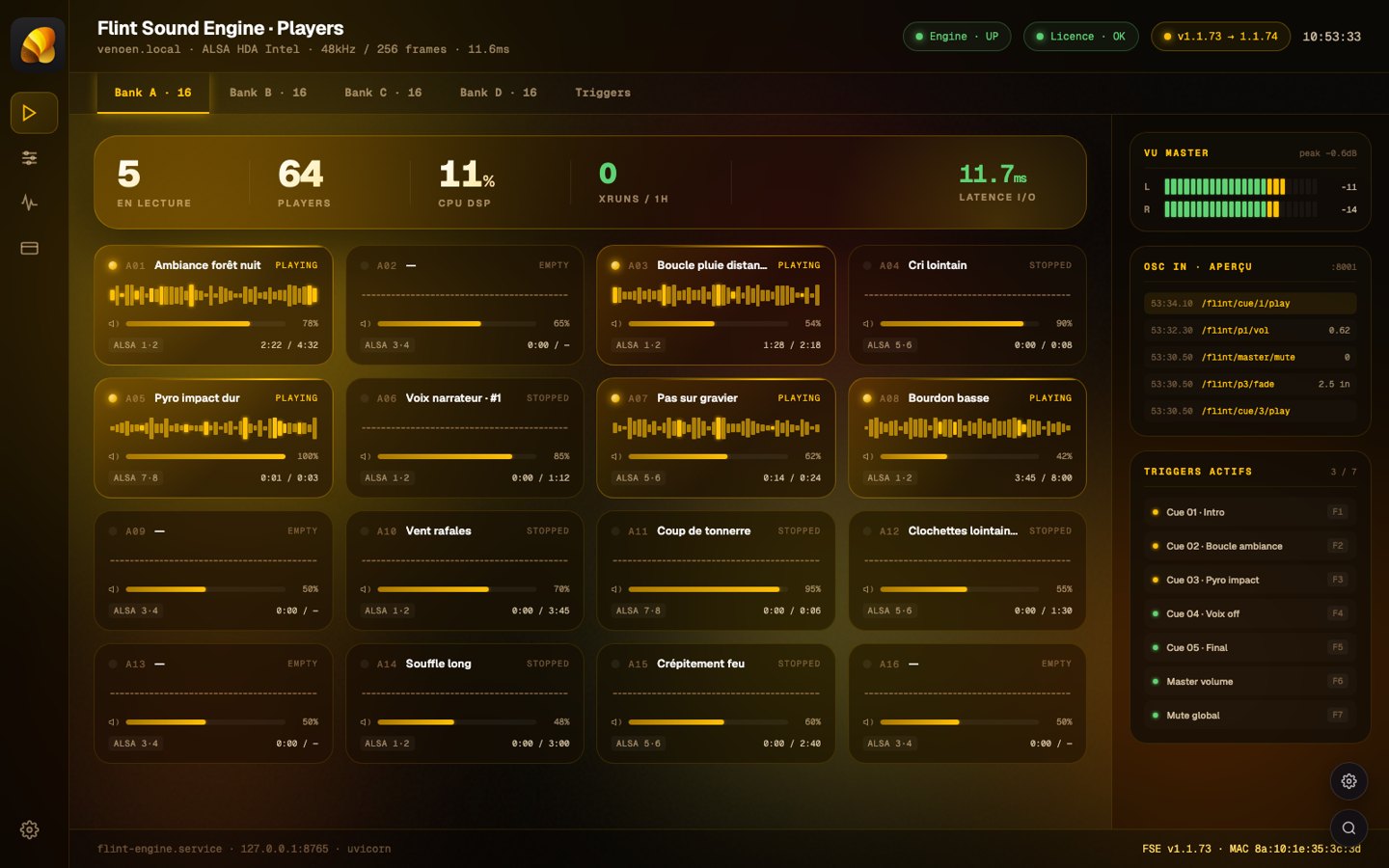 Dashboard Flint Sound Engine : lecteurs, VU master, entrées OSC, état du moteur