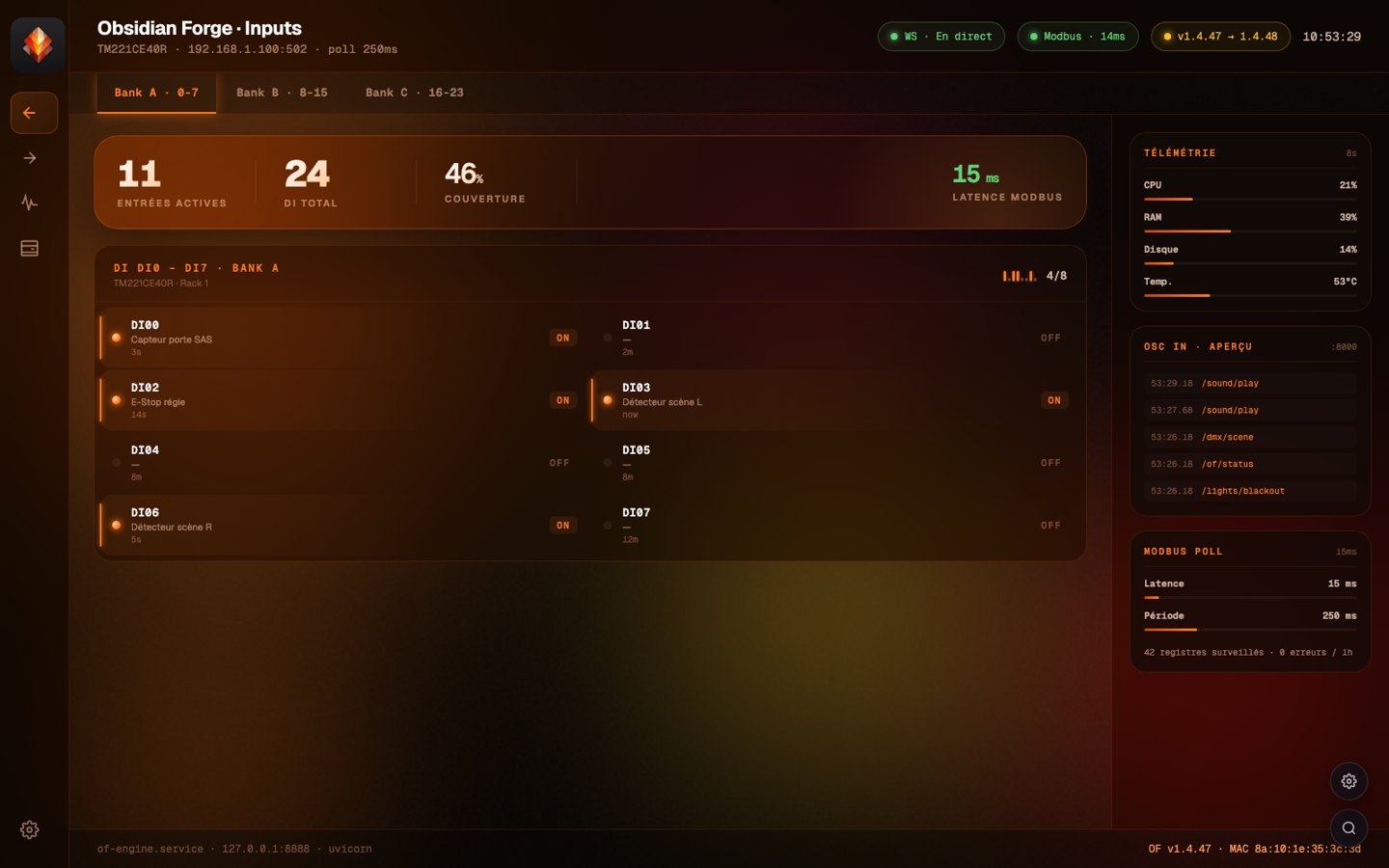 Dashboard Obsidian Forge : télémétrie, entrées OSC, poll Modbus