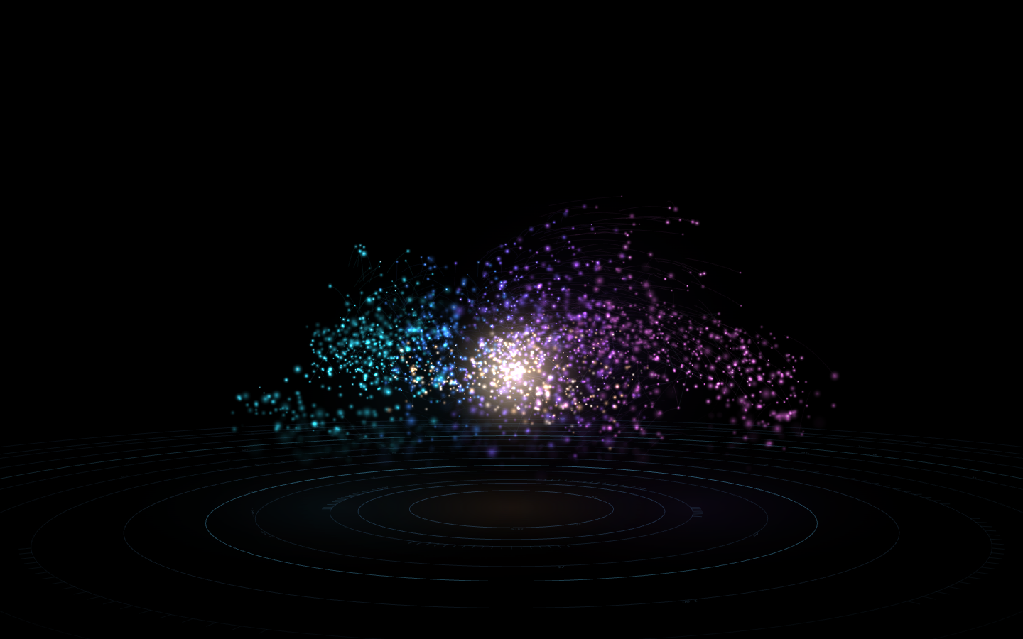 Capture : VIVIANE V2 : essaim-galaxie de particules cyan et violettes au cœur doré, en lévitation au-dessus d'un sol de réticules concentriques